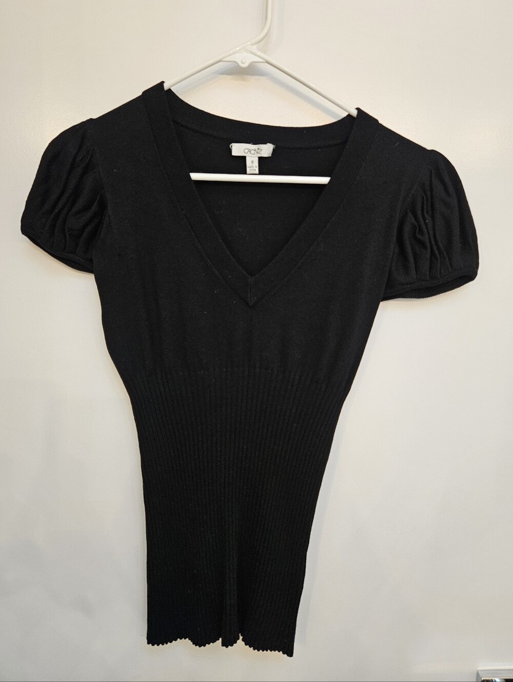 Vintage CACHÉ Black Ribbed Knit Top Puff Sleeve V-Neck Y2K Size S